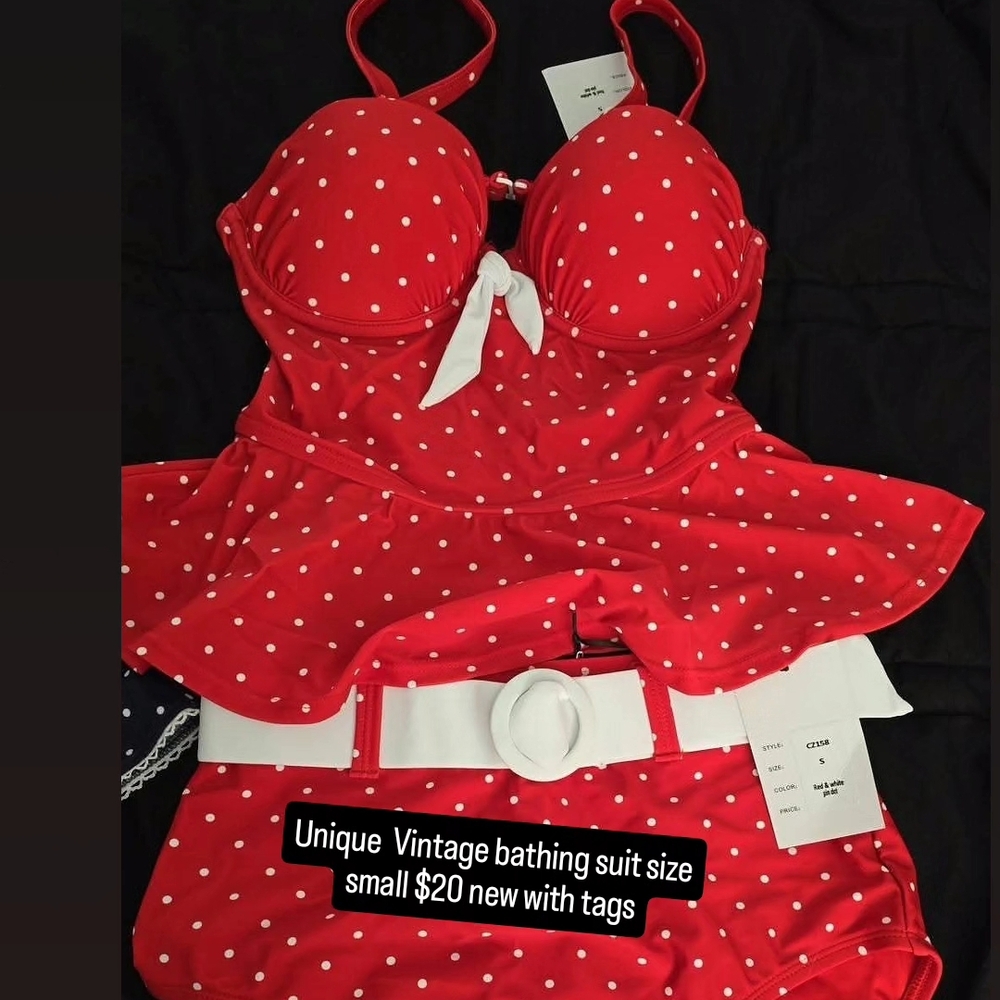 Unique Vintage Red Polka Dot Swimdress with White Bow & Belt